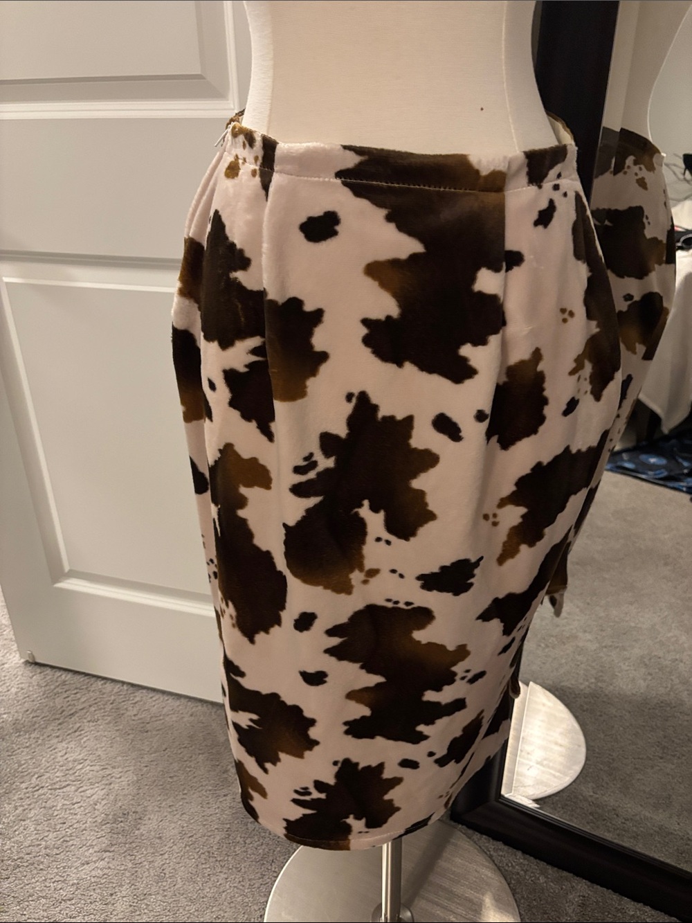 Cream Pencil Skirt with Brown and Black Cow Print